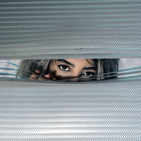 Privacy protection and anonymity illustration - woman's eyes looking through blinds